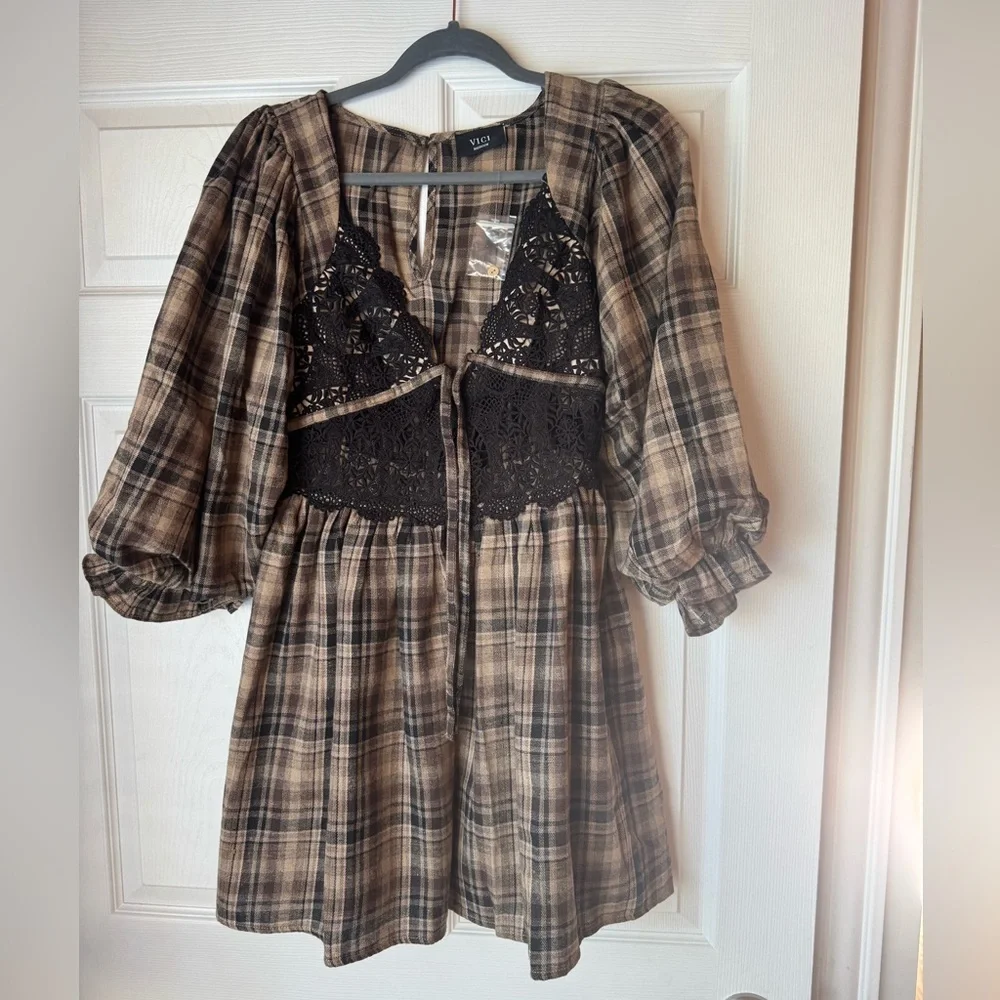 Vici Ajah Plaid Lace Bust Mini Dress - Picture 3 of 5